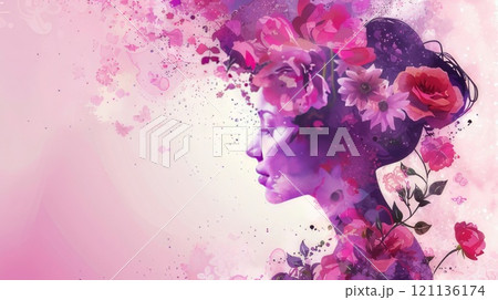 A beautiful painting depicting a woman adorned with flowers in her hair. AI-generated content. A beautiful painting depicting a woman adorned with flowers in her hair. AI-generated content. 121136174