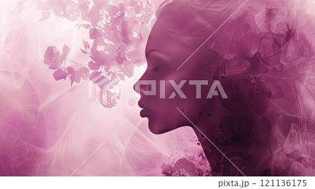 A womans beautiful face is surrounded by vibrant purple flowers. AI-generated content. A womans beautiful face is surrounded by vibrant purple flowers. AI-generated content. 121136175