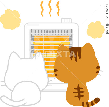 電気ストーブの前に座る2匹の猫 121136444