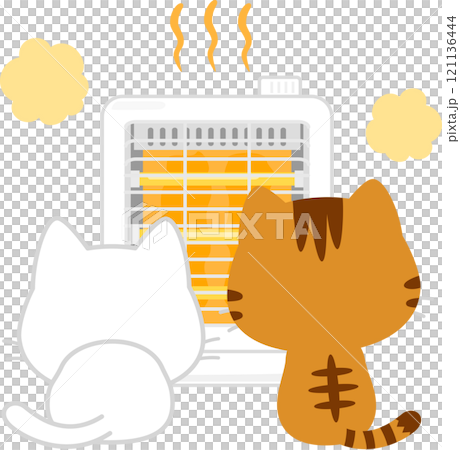電気ストーブの前に座る2匹の猫 121136444