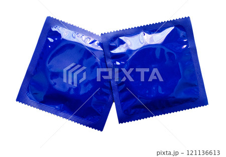 Blue latex condom packages mockup isolated transparent background, contraception and safe sex concept 121136613