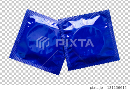 Blue latex condom packages mockup isolated transparent background, contraception and safe sex concept 121136613