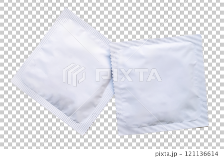 White latex condom packages mockup isolated white background, contraception and safe sex concept White latex condom packages mockup isolated white background, contraception and safe sex concept 121136614