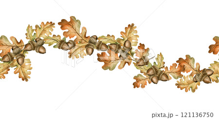 Oak branch with acorns and autumn leaves. Seamless border. Watercolor hand drawn floral illustration isolated on white background for fall design, botanical cards, cozy prints, labels, home textile 121136750