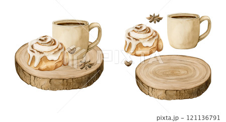 Cinnamon roll with coffee cup and anise star on wooden log. Watercolor food illustration hand painted isolated on white background for fall design, cafe menu, cooking book, table textile Cinnamon roll with coffee cup and anise star on wooden log. Watercolor food illustration hand painted isolated on white background for fall design, cafe menu, cooking book, table textile 121136791