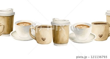 Coffee tea cup, mug and disposable craft paper cup takeaway. Hot beverages seamless border. Watercolor food illustration hand painted isolated on white background for coffee shop design, cafe menu 121136793
