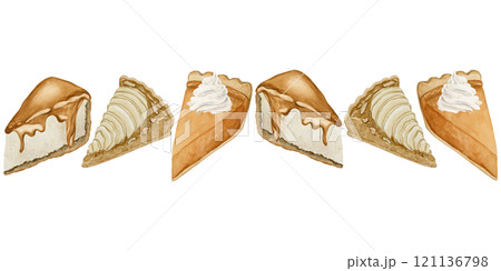 Classic New York Cheesecake slice with caramel. Pear Frangipane Tart with pear slices and almonds. Pumpkin Pie Slice With Whipped Cream and autumn cookies. Watercolor food isolated illustration Classic New York Cheesecake slice with caramel. Pear Frangipane Tart with pear slices and almonds. Pumpkin Pie Slice With Whipped Cream and autumn cookies. Watercolor food isolated illustration 121136798