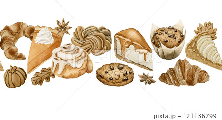 Autumn Pastry and Desserts Seamless Border. Fall sweets and hot beverages. Watercolor food illustration hand painted isolated on white background for Thanksgiving and fall design, cafe menu, cook book 121136799