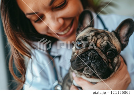 Attractive female doctor holding and petting an adorable French bulldog. The bond between man and dog. Care and health. Healthy pet. Control visit to a modern veterinary clinic. Copy space. Banner 121136865