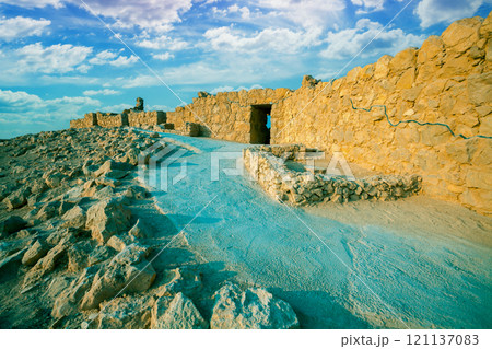 Ruins of King Herod's palace in Judaean Desert. Mount Yair, Masada Ruins of King Herod's palace in Judaean Desert. Mount Yair, Masada 121137083
