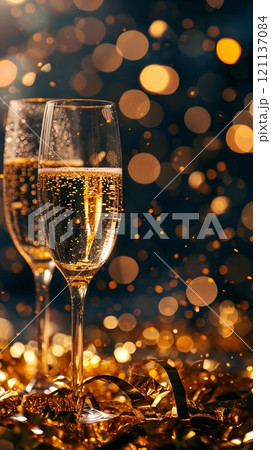 Celebratory champagne glasses illuminated with sparkling bokeh lights during a festive gathering Celebratory champagne glasses illuminated with sparkling bokeh lights during a festive gathering 121137084