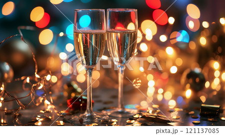 Celebration with sparkling drinks and festive lights for a joyous occasion at night 121137085