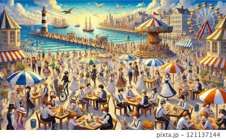 海辺の遊園地と賑やかな街並み② 121137144