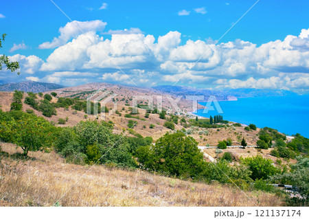 Seascape in summer. Beautiful mountain sea coast Seascape in summer. Beautiful mountain sea coast 121137174