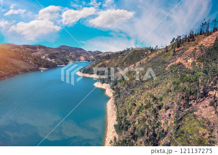 Valley of the mountain river. Zezere river. View from Teixeira Antunes Bridge. Portugal 121137275