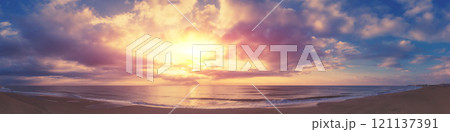 Seascape in the early morning. Sunrise over the sea. Nature landscape with dramatic sky. Horizontal panorama Seascape in the early morning. Sunrise over the sea. Nature landscape with dramatic sky. Horizontal panorama 121137391