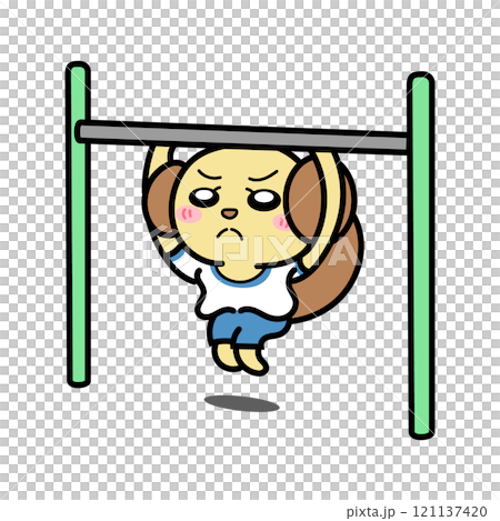 Dog hanging from a horizontal bar 121137420