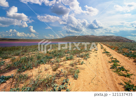 Dirt road along Pink Lake Dirt road along Pink Lake 121137435