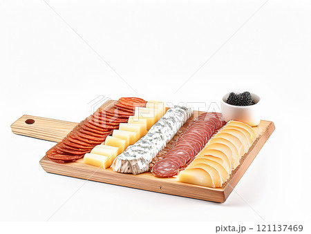 The image displays an appetizing arrangement of charcuterie and cheese on a wooden board, exuding a rustic and inviting ambiance typical of gourmet food presentations The image displays an appetizing arrangement of charcuterie and cheese on a wooden board, exuding a rustic and inviting ambiance typical of gourmet food presentations 121137469