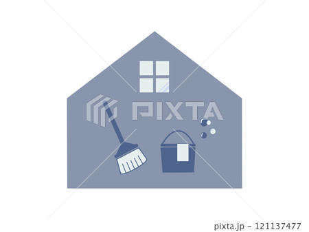 住まいのシンプルな掃除用具ほうきとバケツのイラスト 住まいのシンプルな掃除用具ほうきとバケツのイラスト 121137477