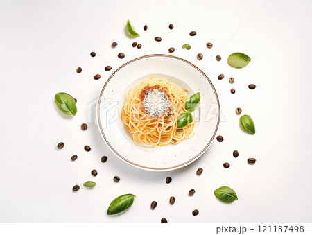 The image presents a beautifully arranged dish of spaghetti on a ceramic plate with grated cheese and fresh basil leaves 121137498