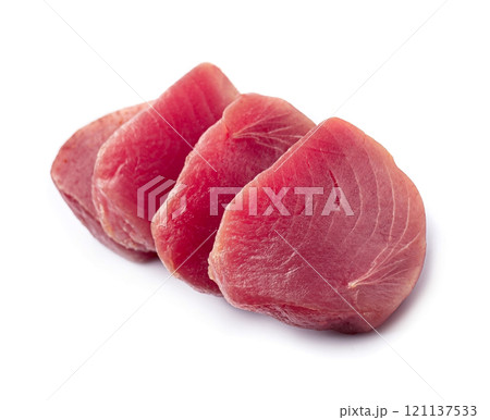 Tuna fish steak on white backgrounds 121137533