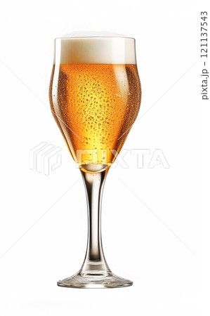 The image prominently displays a close-up of a glass of beer against a white, blurred background 121137543