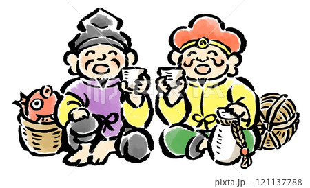 酒を飲みかわす恵比寿天と大黒天　筆タッチ手描きイラスト 121137788