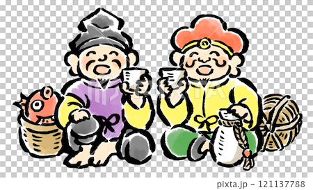 Ebisu and Daikokuten drinking sake together - hand-drawn illustration Ebisu and Daikokuten drinking sake together - hand-drawn illustration 121137788