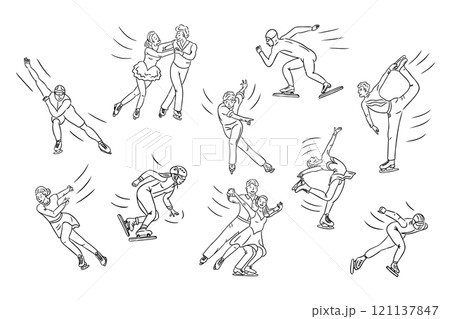 Line art hand drawn illustrations of ice skaters Line art hand drawn illustrations of ice skaters 121137847
