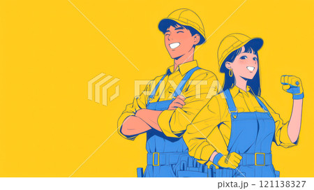 ヘルメットを被った女性と男性の工場作業員 ヘルメットを被った女性と男性の工場作業員 121138327