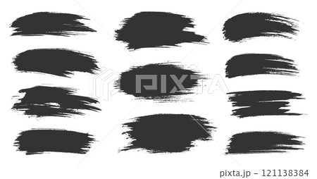 Black brush strokes set with uneven edges and rough textures. Bold smears, dynamic marks, textured smudges, irregular shapes. Features abstract lines with messy details, raw patterns, sharp edges 121138384