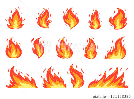 Fire flames with sparks big flat set. Bright fireball, red heat wildfire, fiery bonfire, blaze campfire, ignition elements on white background. Orange flaming symbols. Energy and power of fuel fires 121138386