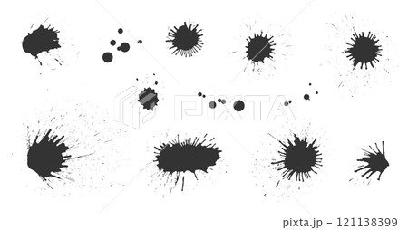 Black ink splatter paint splash set. Various shapes of dynamic ink drops, smudges, spray effects. Grunge design for posters, banners, artistic compositions, abstract backgrounds, or creative projects Black ink splatter paint splash set. Various shapes of dynamic ink drops, smudges, spray effects. Grunge design for posters, banners, artistic compositions, abstract backgrounds, or creative projects 121138399