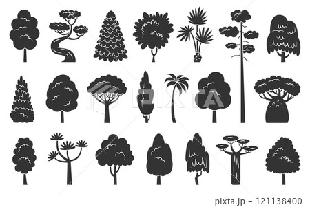 Tree icon set. Stylized eco forest plants side view. Black stamp stencil of aspen alder ash linden acacia chestnut dracaena willow cypress thuja pine oak poplar birch spruce maple baobab palm sequoia 121138400