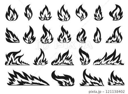 Natural gas fire flat icon set. Blaze danger warning symbol. Different shapes of abstract black campfire fiery flame isolated on white background. Hot bonfire flaming fuel power energy clipart 121138402
