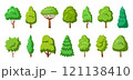Flat tree set. Stylized eco plants side view. Arboretum garden willow cypress thuja pine oak poplar birch. Cartoon green trees forest spruce maple sequoia. Aspen alder ash linden acacia chestnut 121138410
