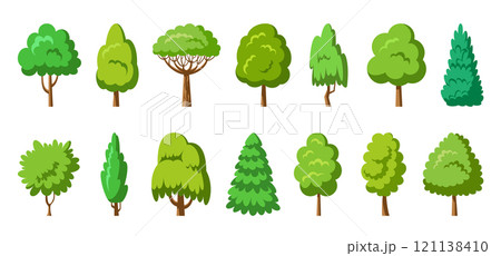 Flat tree set. Stylized eco plants side view. Arboretum garden willow cypress thuja pine oak poplar birch. Cartoon green trees forest spruce maple sequoia. Aspen alder ash linden acacia chestnut 121138410