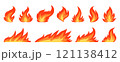 Fireball flame, red hot fire signs. Campfire windy fiery icon set. Furious flammable combustion flat clipart. Dangerous natural gas blazing. Burning wildfire effect, bonfires isolated on white 121138412
