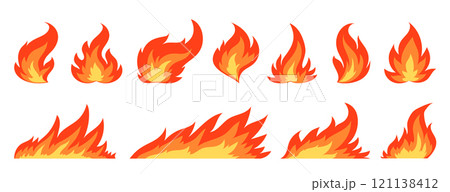 Fireball flame, red hot fire signs. Campfire windy fiery icon set. Furious flammable combustion flat clipart. Dangerous natural gas blazing. Burning wildfire effect, bonfires isolated on white Fireball flame, red hot fire signs. Campfire windy fiery icon set. Furious flammable combustion flat clipart. Dangerous natural gas blazing. Burning wildfire effect, bonfires isolated on white 121138412