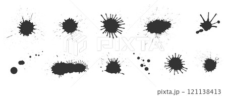 Black ink splashes set. Various shapes of round spots, sharp bursts, irregular blots sprays drips. Textured edges with scattered dots uneven lines. Bold splatters, chaotic marks rough dynamic strokes Black ink splashes set. Various shapes of round spots, sharp bursts, irregular blots sprays drips. Textured edges with scattered dots uneven lines. Bold splatters, chaotic marks rough dynamic strokes 121138413