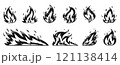 Fire flames with sparks big set. Black fireball, heat wildfire, fiery bonfire, blaze campfire, ignition elements on white background. Natural gas flaming symbols. Energy and power signs for stamp 121138414