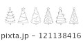 Christmas trees simple line set. Coloring page outline fir decorated with stars, lights, garlands, round ornaments. Features symmetrical pine shapes, clean linear varying styles of holiday designs 121138416