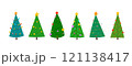 Christmas tree decorated stars, lights, garlands flat set. Each tree has a unique festive design, for holiday themed projects, greeting cards, posters, invitations, web graphics, social media posts 121138417