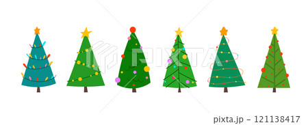 Christmas tree decorated stars, lights, garlands flat set. Each tree has a unique festive design, for holiday themed projects, greeting cards, posters, invitations, web graphics, social media posts 121138417