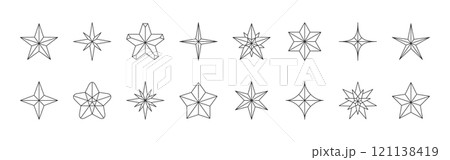Stars linear set includes five pointed geometric sparkle shapes, radiant designs, sharp edged forms. Features minimalist outlines, abstract patterns, decorative details clean lines precise symmetry 121138419