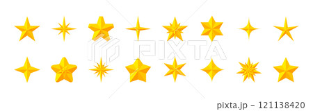 Golden stars flat set. Various star designs, including five pointed radiant, sparkling vibrant shapes for holiday decorations, rating, award, certificate, greeting card, poster, branding, web design Golden stars flat set. Various star designs, including five pointed radiant, sparkling vibrant shapes for holiday decorations, rating, award, certificate, greeting card, poster, branding, web design 121138420