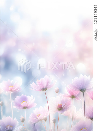 The image features an array of delicate flowers, predominantly in shades of soft pink and lavender, with a dreamy bokeh that enhances their ethereal appearance 121139343