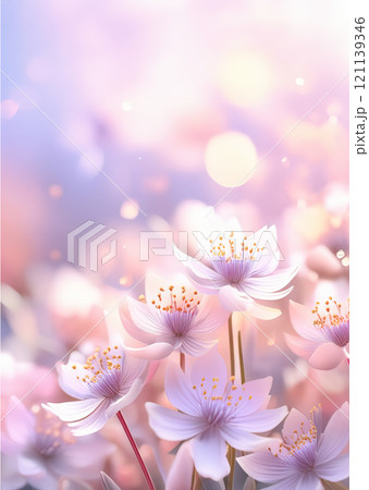 The image features an array of delicate flowers, predominantly in shades of soft pink and lavender, with a dreamy bokeh that enhances their ethereal appearance 121139346