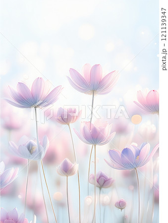 The image features an array of delicate flowers, predominantly in shades of soft pink and lavender, with a dreamy bokeh that enhances their ethereal appearance 121139347